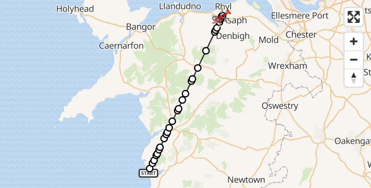 Flight route Air Ambulance Helicopter Aberdyfi - Rhyl, 27 June 2026, 14:28