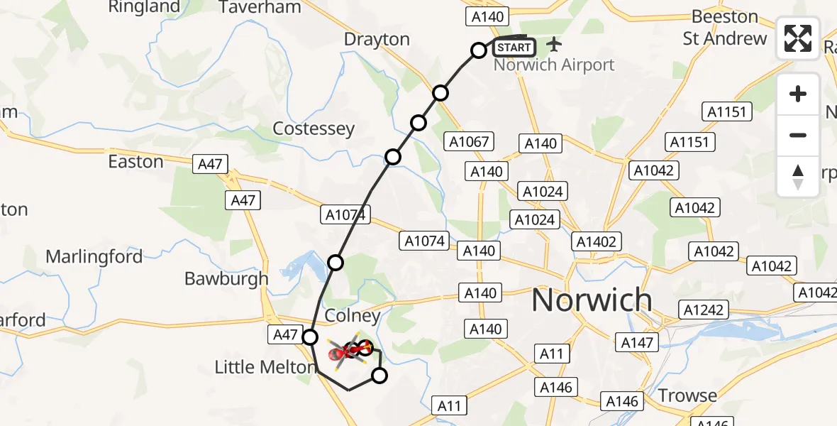 Flight route Air Ambulance Helicopter Norwich Airport - Norfolk & Norwich Hospital, 27 June 2026, 14:34