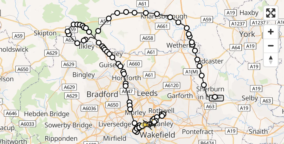 Flight route Police Helicopter Sherburn-in-Elmet Airfield - East Ardsley, 27 June 2026, 14:35
