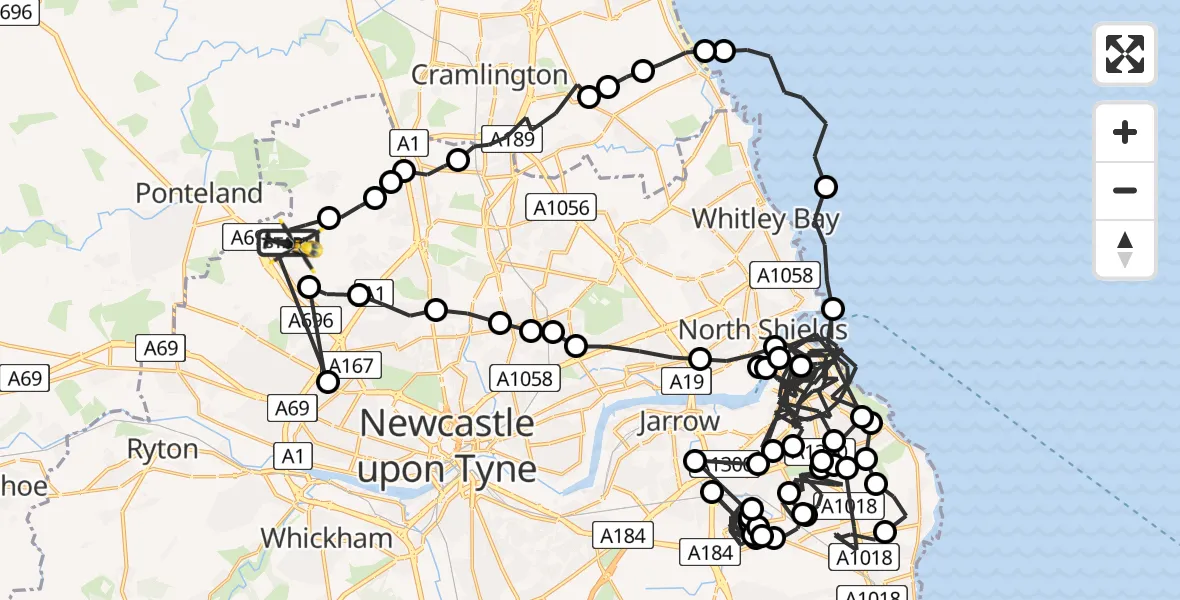 Flight route Police Helicopter Newcastle International Airport - Newcastle International Airport, 27 June 2026, 14:35