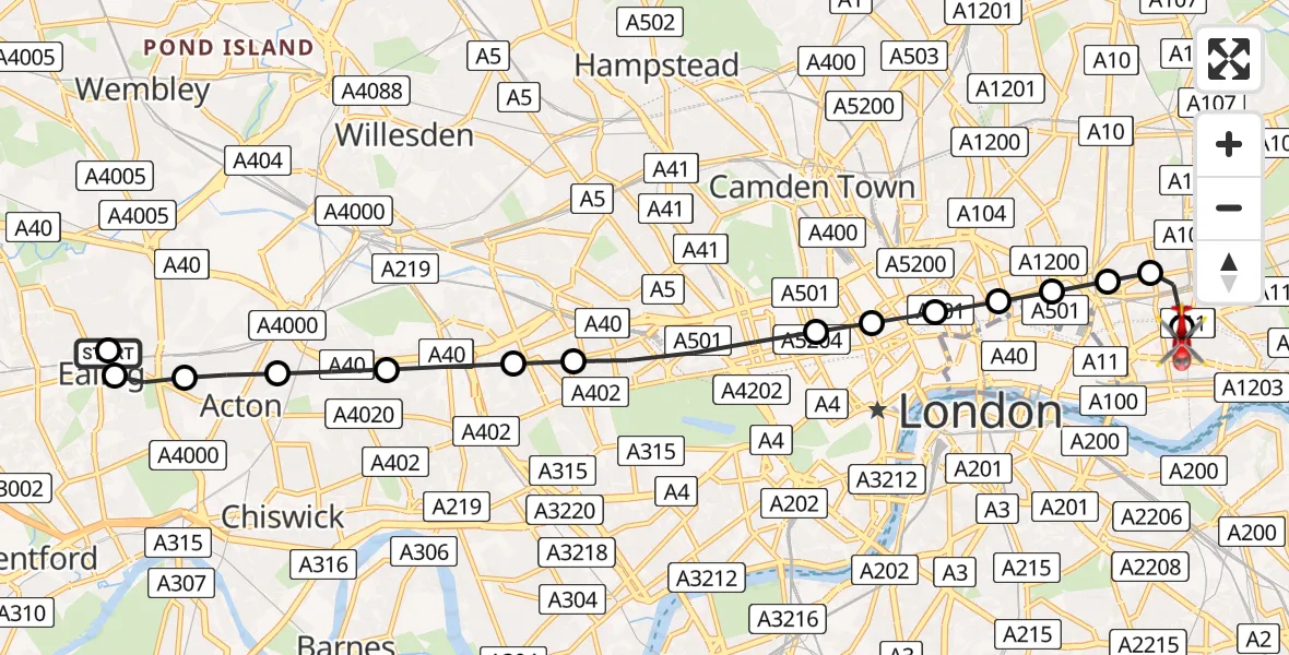 Flight route Air Ambulance Helicopter Ealing - Royal London Hospital, 27 June 2026, 14:39