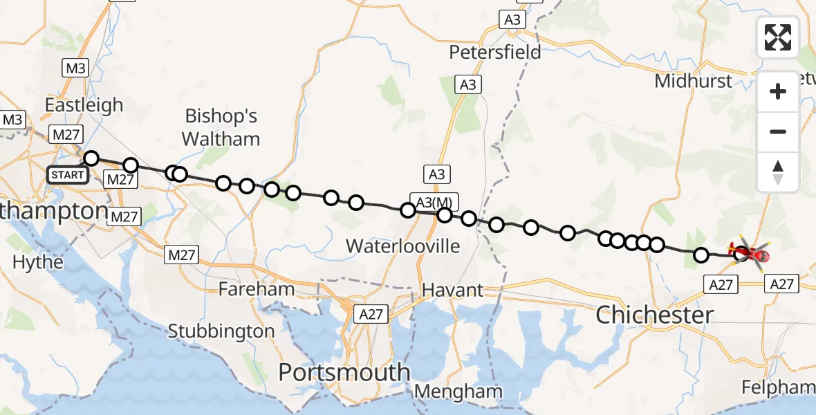 Flight route Air Ambulance Helicopter Midanbury - Eartham, 27 June 2026, 14:41