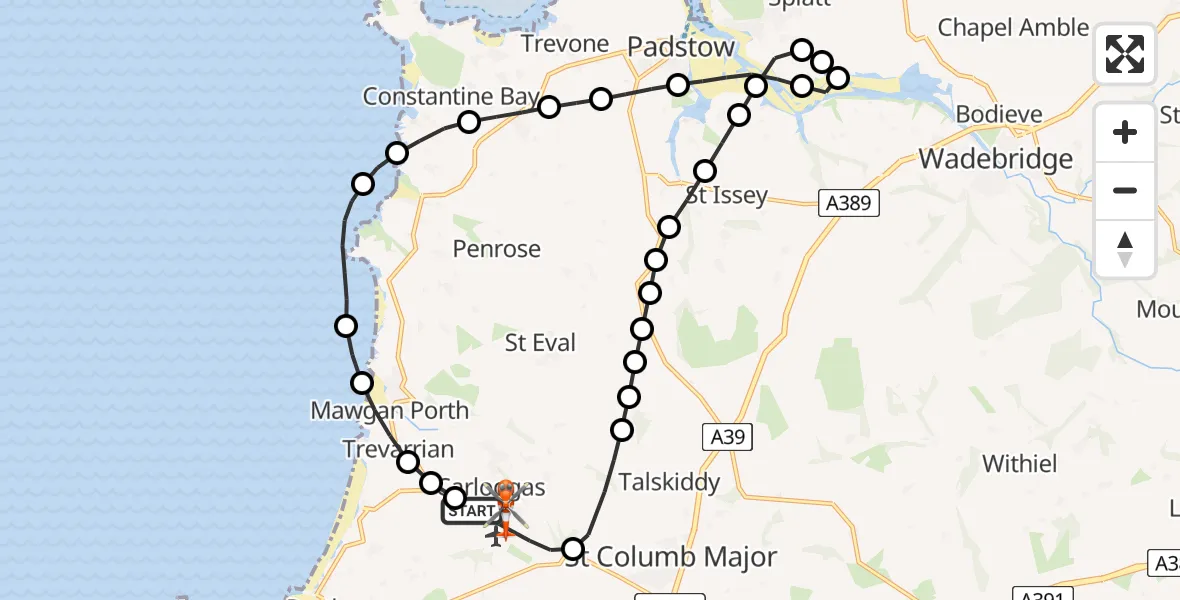 Flight route Coastguard Helicopter Cornwall Airport Newquay - Cornwall Airport Newquay, 27 June 2026, 14:42