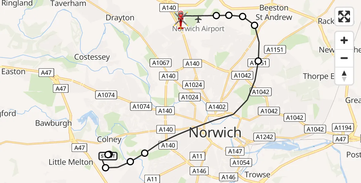 Flight route Air Ambulance Helicopter Norfolk & Norwich Hospital - Norwich Airport, 27 June 2026, 14:58