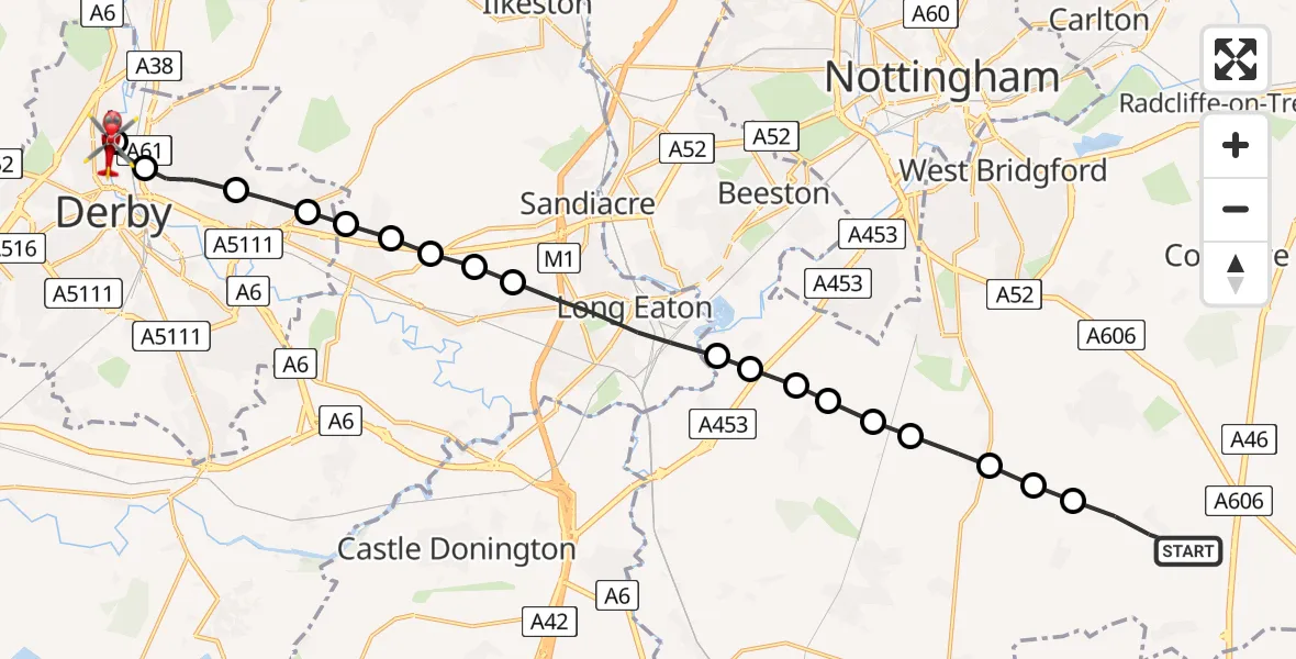 Flight route Air Ambulance Helicopter Widmerpool - Little Chester, 27 June 2026, 15:10
