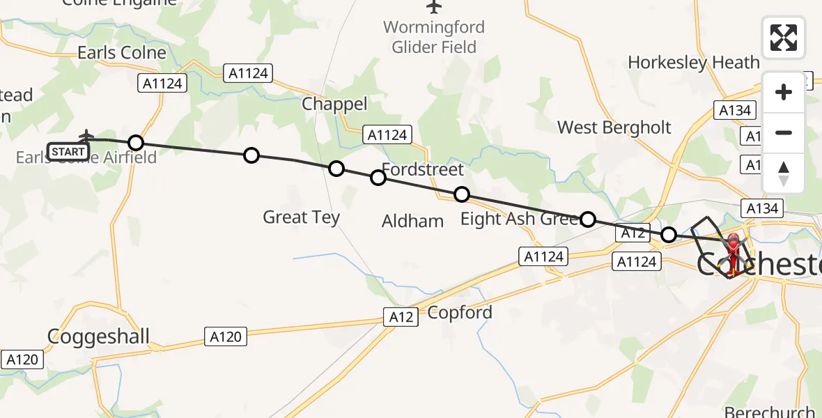 Flight route Air Ambulance Helicopter Earls Colne Airfield - Colchester, 27 June 2026, 15:12