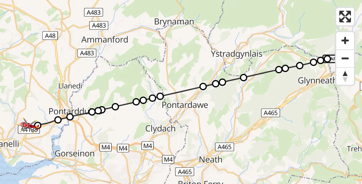 Flight route Air Ambulance Helicopter Pontneddfechan - Dafen, 27 June 2026, 15:20