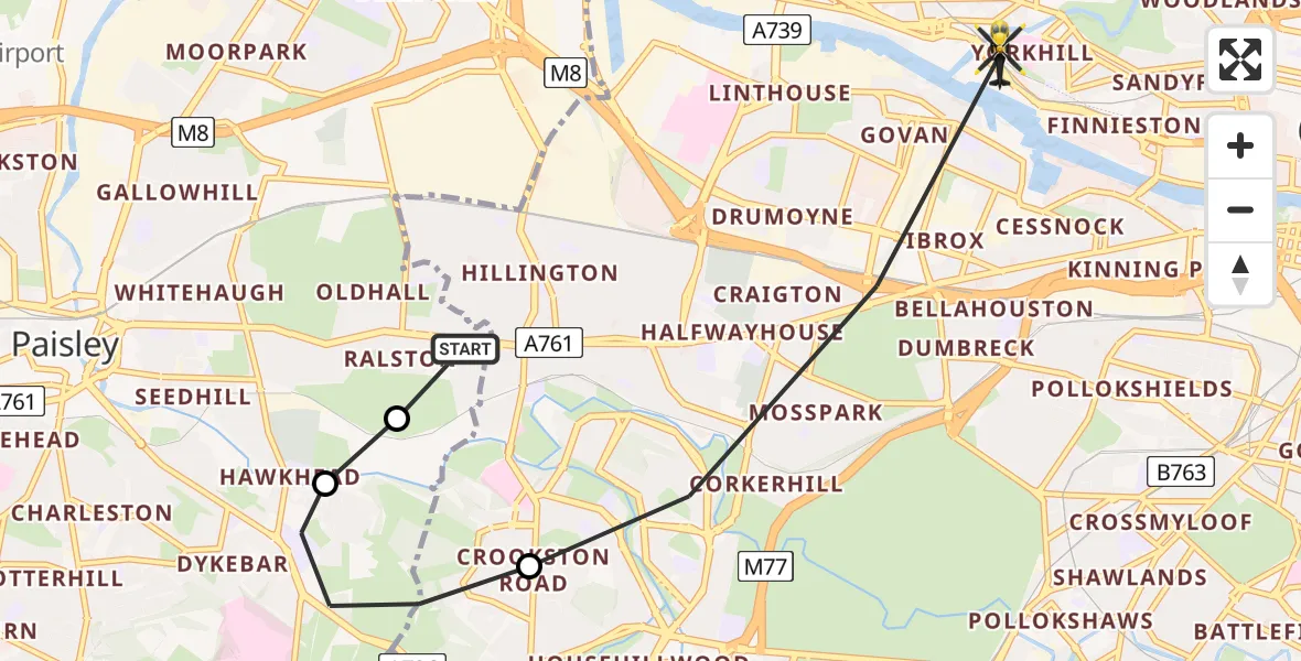 Flight route Police Helicopter Paisley - Glasgow, 27 June 2026, 15:21