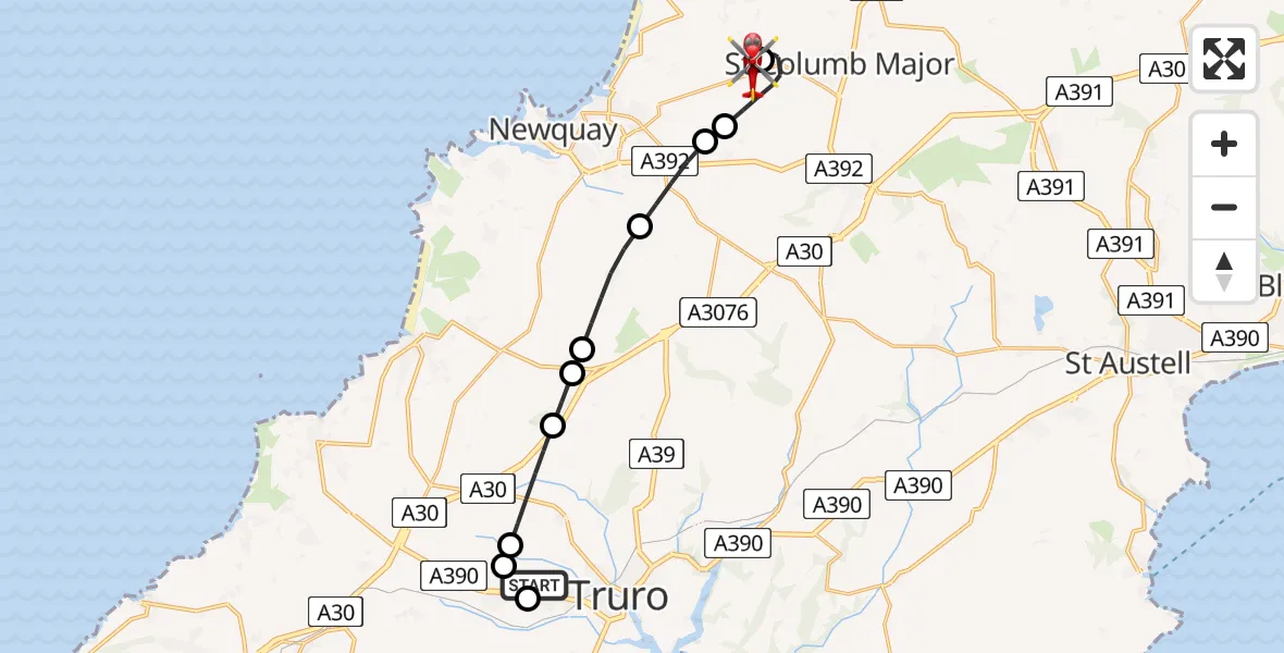 Flight route Air Ambulance Helicopter Treliske Hospital - Cornwall Airport Newquay, 27 June 2026, 15:33