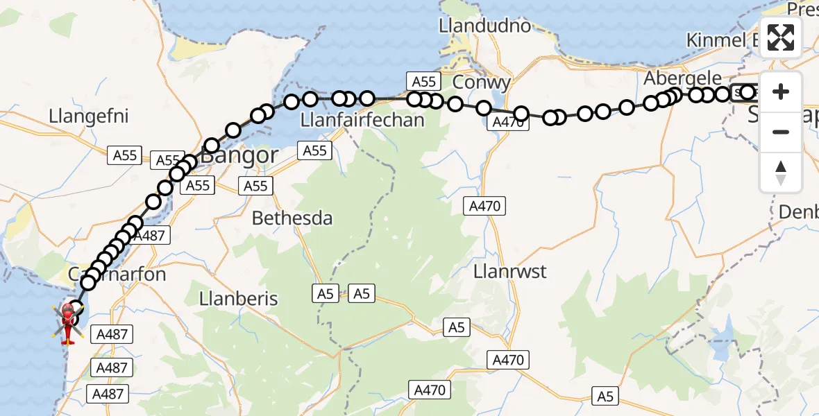 Flight route Air Ambulance Helicopter Ysbyty Glan Clywd Hospital Heliport - Caernarfon Airport, 27 June 2026, 15:38