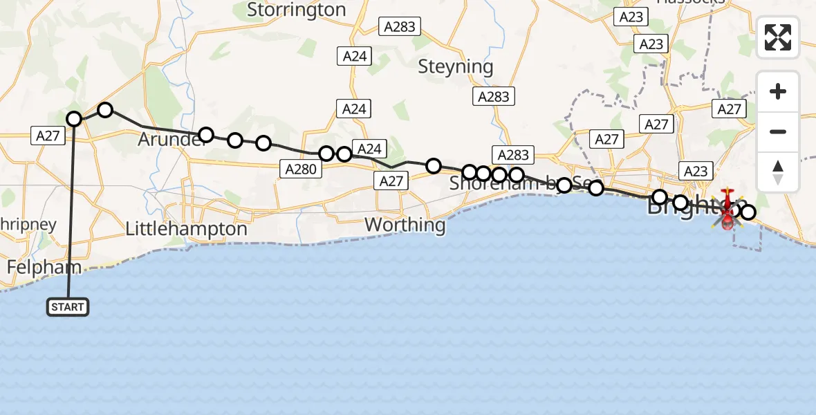 Flight route Air Ambulance Helicopter English Channel - Brighton, 27 June 2026, 15:55