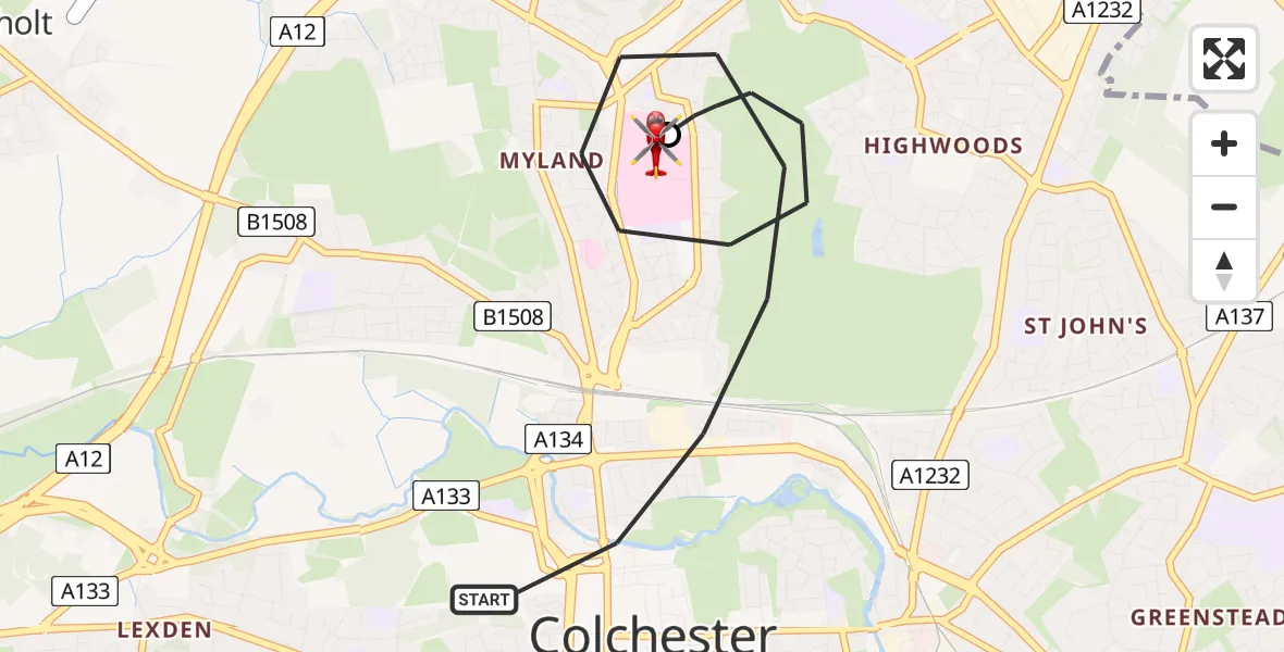 Flight route Air Ambulance Helicopter Colchester - Colchester Hospital, 27 June 2026, 15:59
