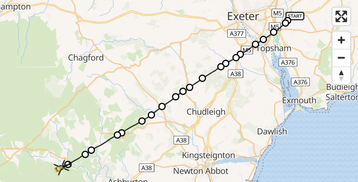 Flight route Police Helicopter Exeter International Airport - South Hams, 27 June 2026, 16:03