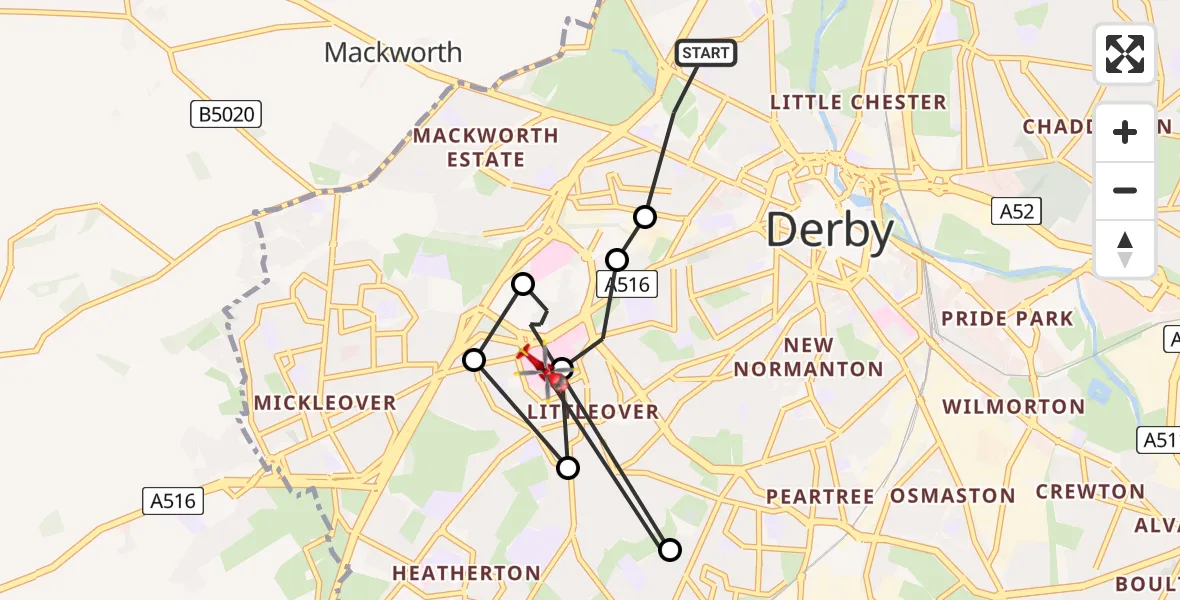 Flight route Air Ambulance Helicopter Allestree - Royal Derby Trauma Unit, 27 June 2026, 16:06