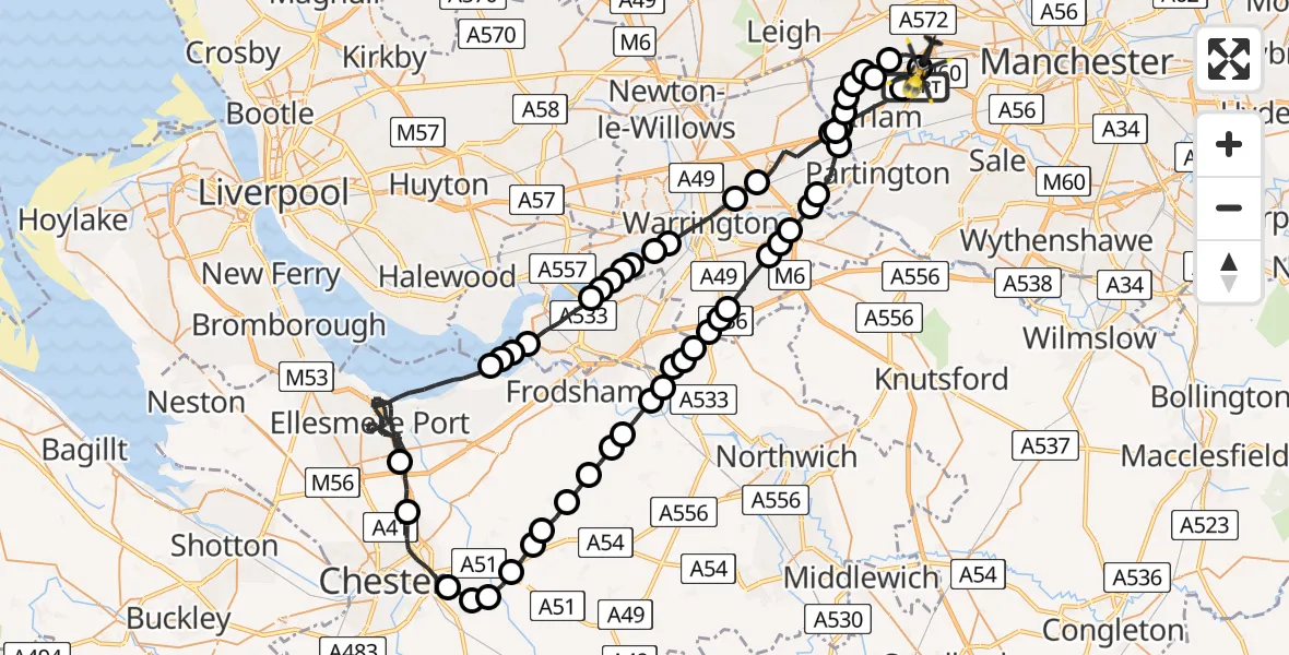 Flight route Police Helicopter Manchester Barton Aerodrome - Worsley, 27 June 2026, 16:08