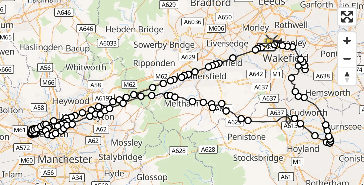 Flight route Police Helicopter Woodkirk - East Ardsley, 27 June 2026, 16:19
