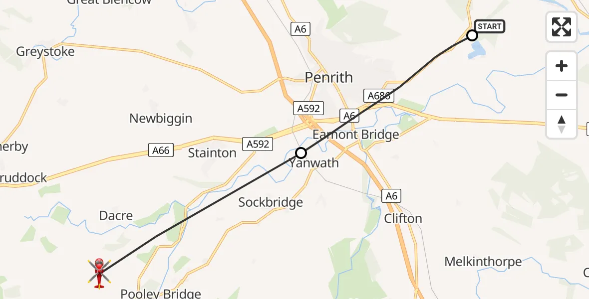 Flight route Air Ambulance Helicopter Edenhall - Dacre, 27 June 2026, 16:34