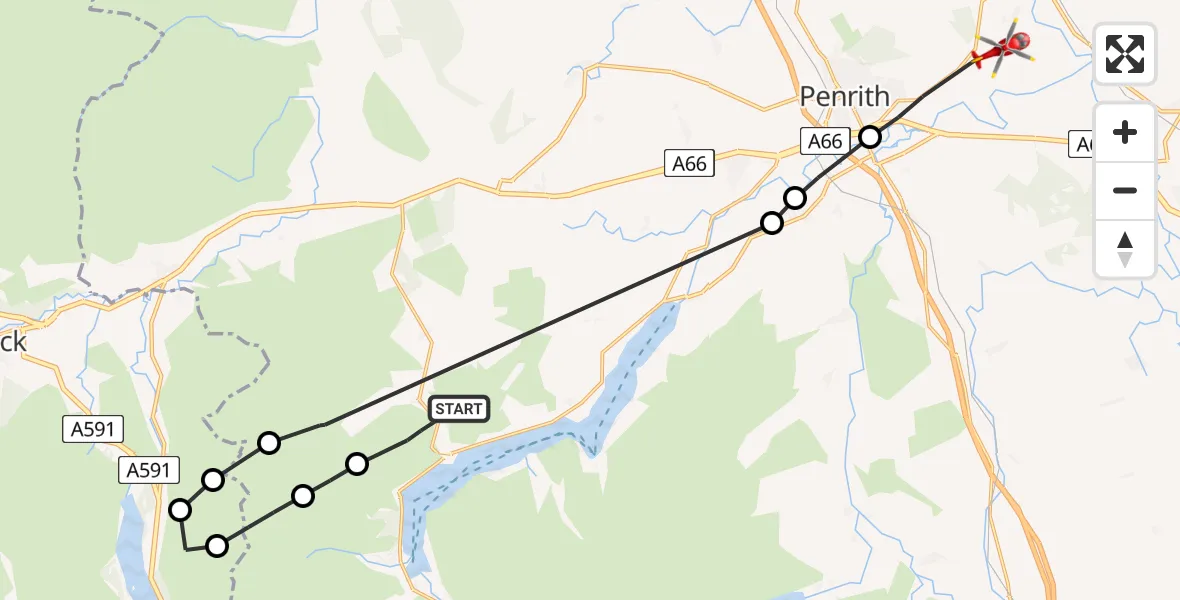 Flight route Air Ambulance Helicopter Dockray - Edenhall, 27 June 2026, 16:40