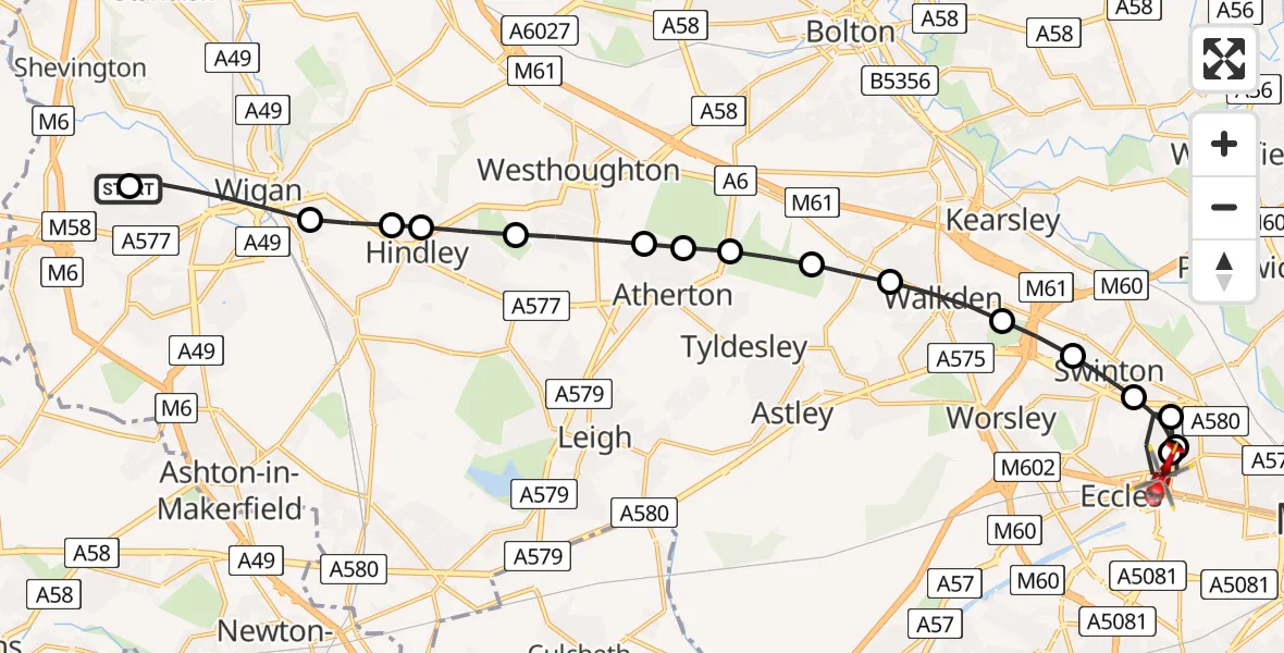 Flight route Air Ambulance Helicopter Wigan - Eccles, 27 June 2026, 16:45