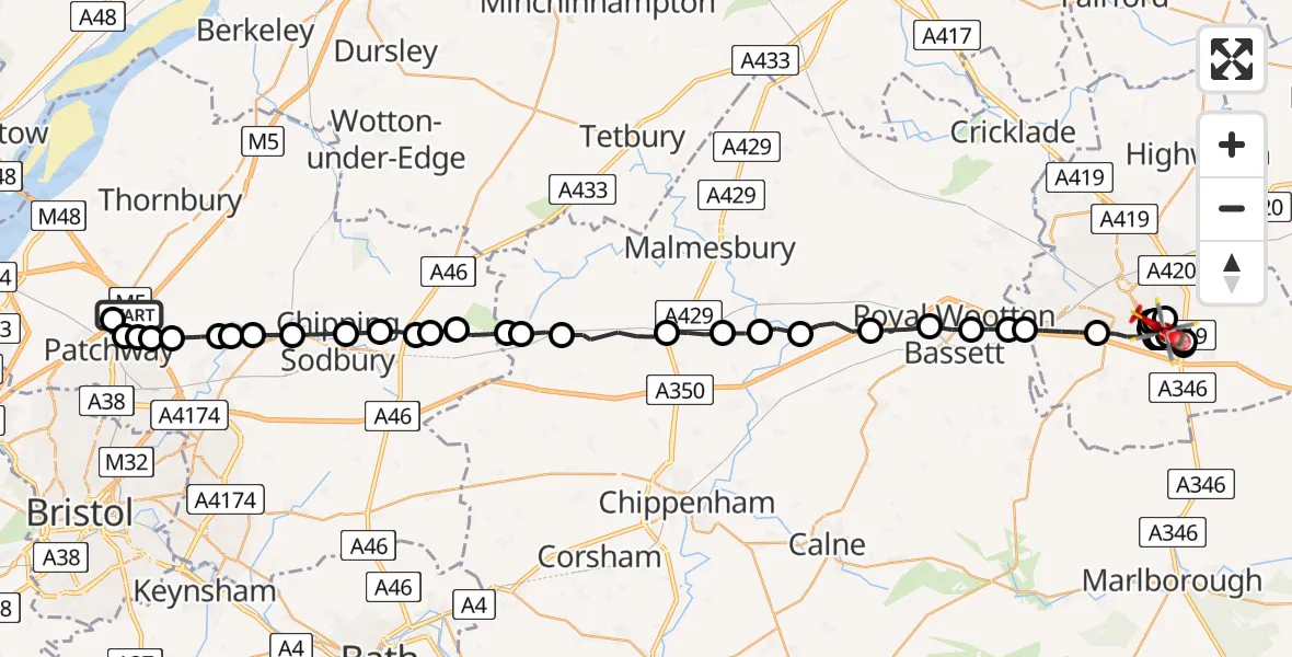 Flight route Air Ambulance Helicopter Almondsbury Helicopter Base - Badbury Park, 27 June 2026, 16:47