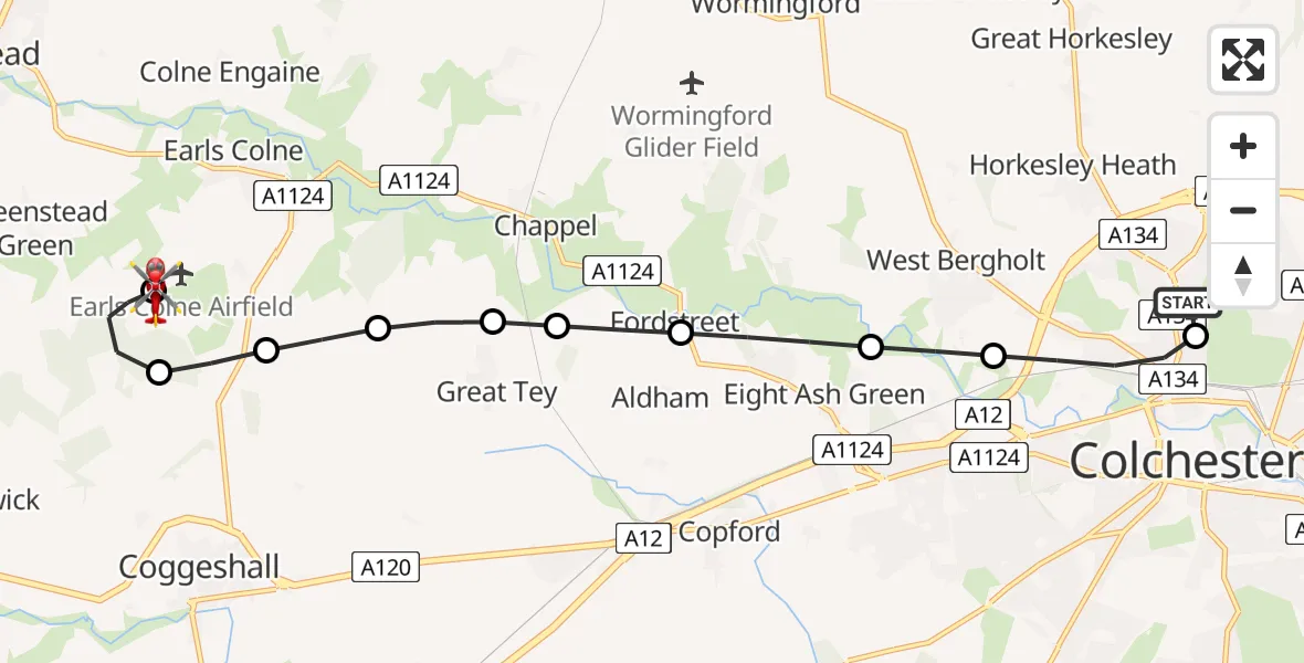 Flight route Air Ambulance Helicopter Colchester Hospital - Earls Colne Airfield, 27 June 2026, 16:47