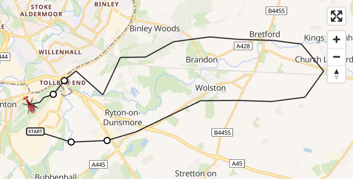 Flight route Air Ambulance Helicopter Coventry Airport - Coventry Airport, 27 June 2026, 16:49