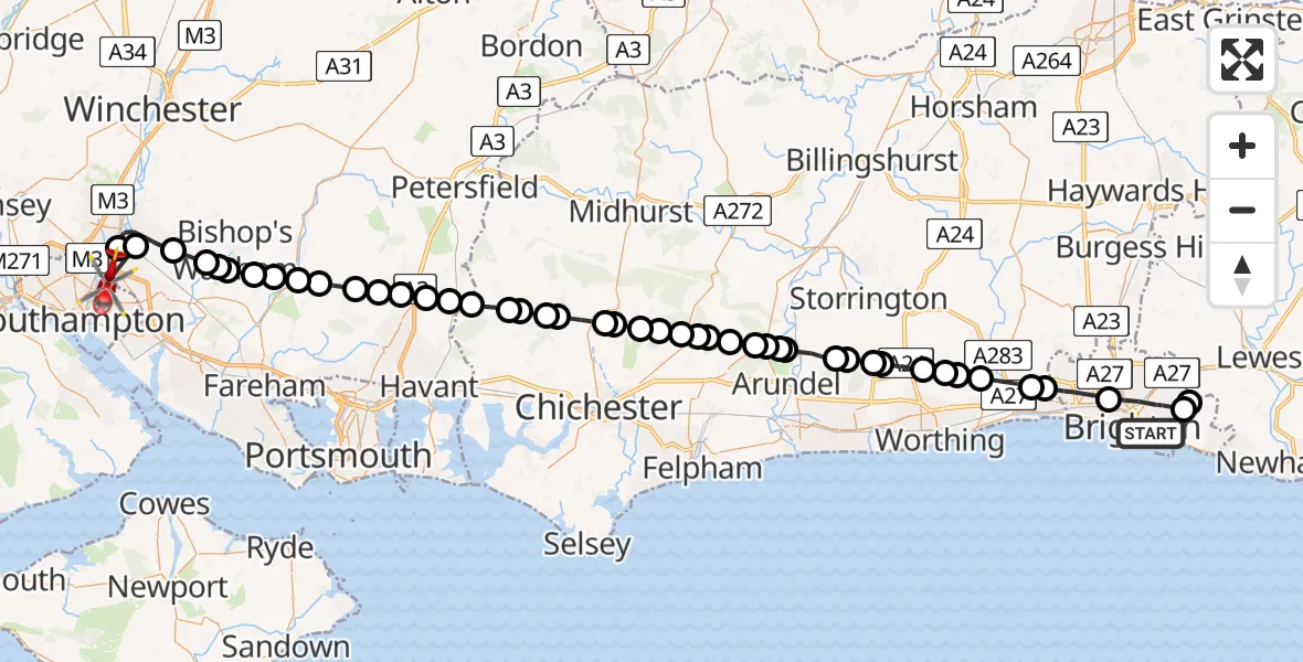 Flight route Air Ambulance Helicopter Brighton - Townhill Park, 27 June 2026, 16:52