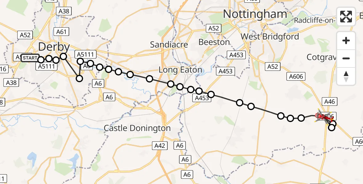 Flight route Air Ambulance Helicopter Royal Derby Trauma Unit - Widmerpool, 27 June 2026, 16:57