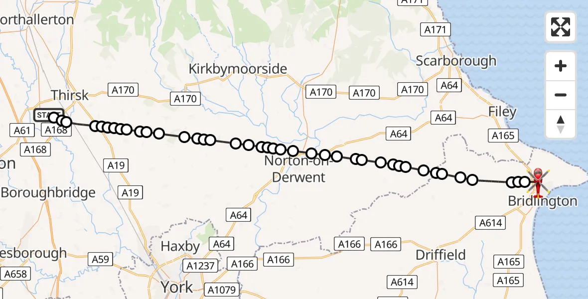 Flight route Air Ambulance Helicopter RAF Topcliffe - Bridlington, 27 June 2026, 17:07
