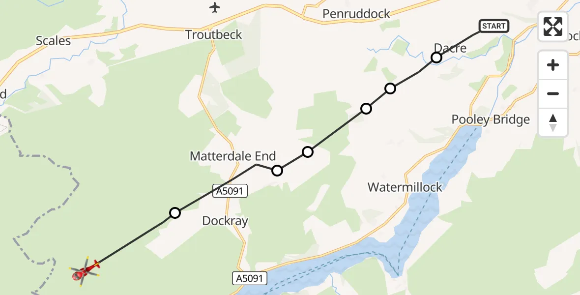 Flight route Air Ambulance Helicopter Stainton - Matterdale, 27 June 2026, 17:12