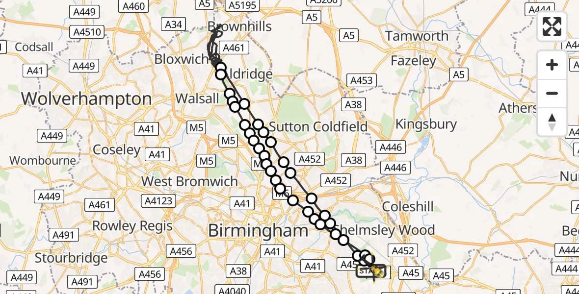 Flight route Police Helicopter Birmingham Airport - Birmingham Airport, 27 June 2026, 17:22