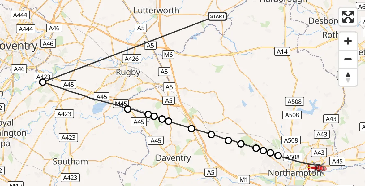 Flight route Air Ambulance Helicopter Husbands Bosworth - Northampton, 27 June 2026, 17:25
