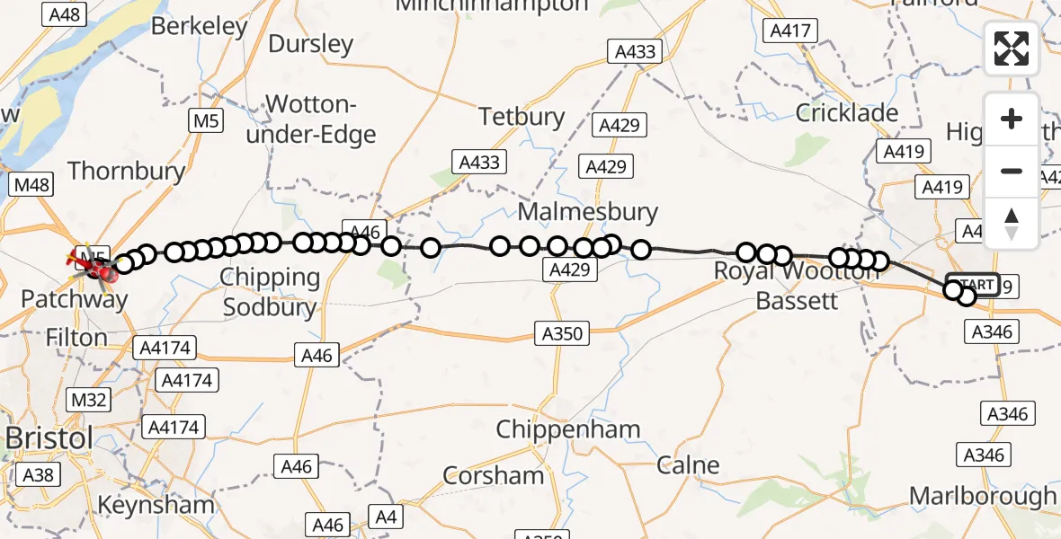 Flight route Air Ambulance Helicopter Badbury Park - Almondsbury Helicopter Base, 27 June 2026, 17:27