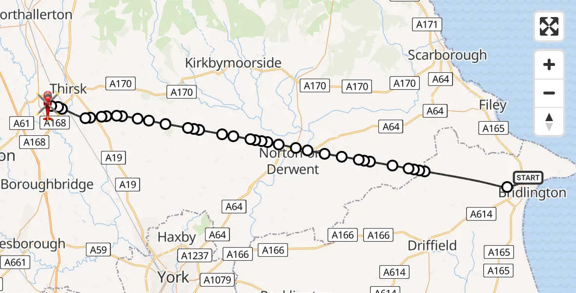 Flight route Air Ambulance Helicopter Bridlington - RAF Topcliffe, 27 June 2026, 18:13