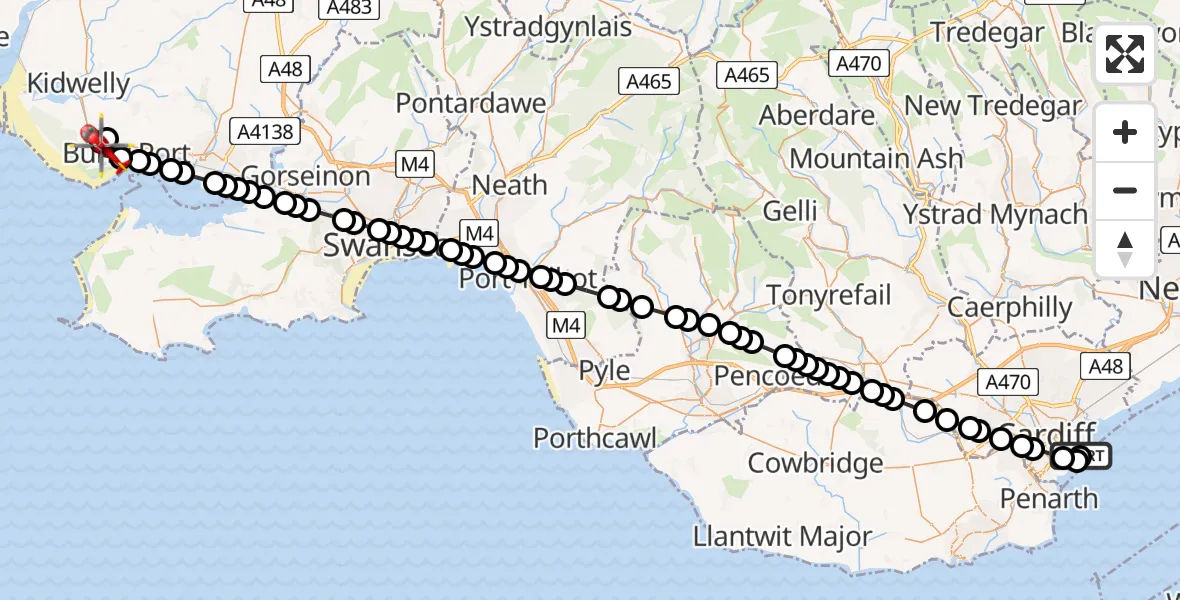 Flight route Air Ambulance Helicopter Cardiff Heliport - Burry Port, 27 June 2026, 18:24