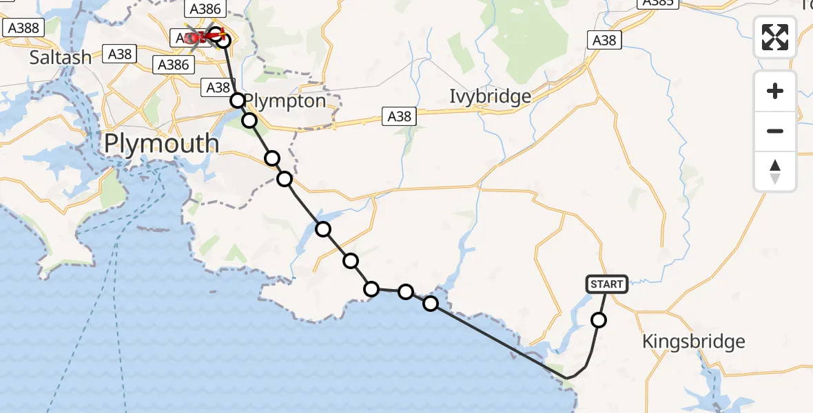 Flight route Air Ambulance Helicopter Aveton Gifford - Derriford Hospital, 27 June 2026, 18:26