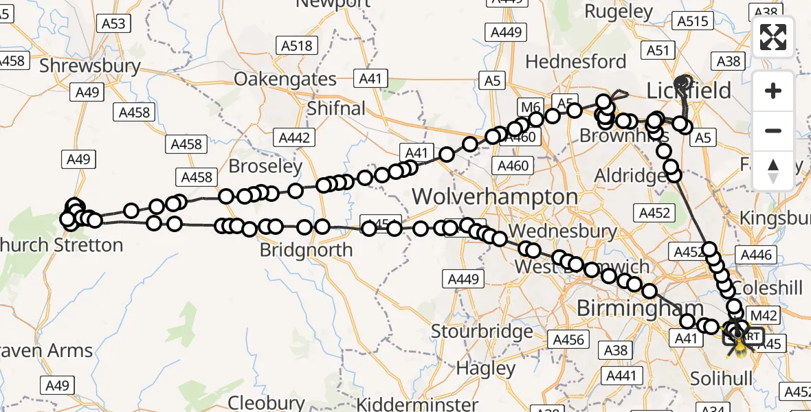 Flight route Police Helicopter Birmingham Airport - Birmingham Airport, 27 June 2026, 18:32