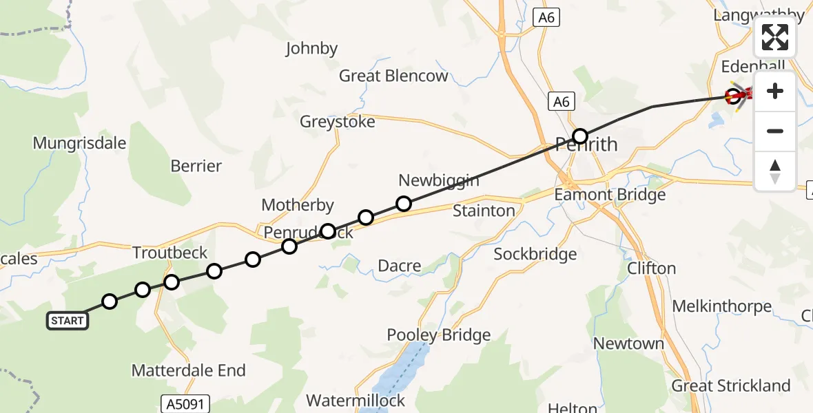 Flight route Air Ambulance Helicopter Matterdale - Edenhall, 27 June 2026, 18:32