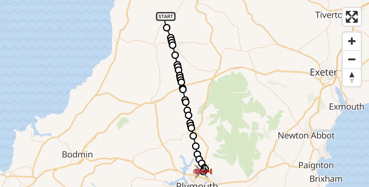Flight route Air Ambulance Helicopter Torridge - Derriford Hospital, 27 June 2026, 18:58