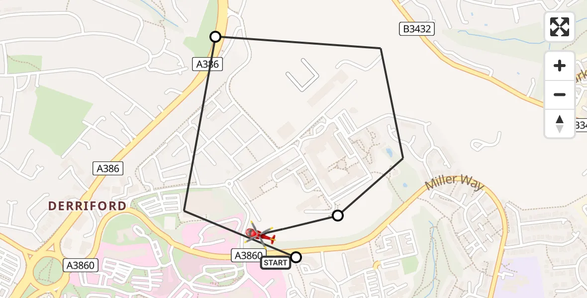 Flight route Air Ambulance Helicopter Derriford Hospital - Crownhill, 27 June 2026, 18:59