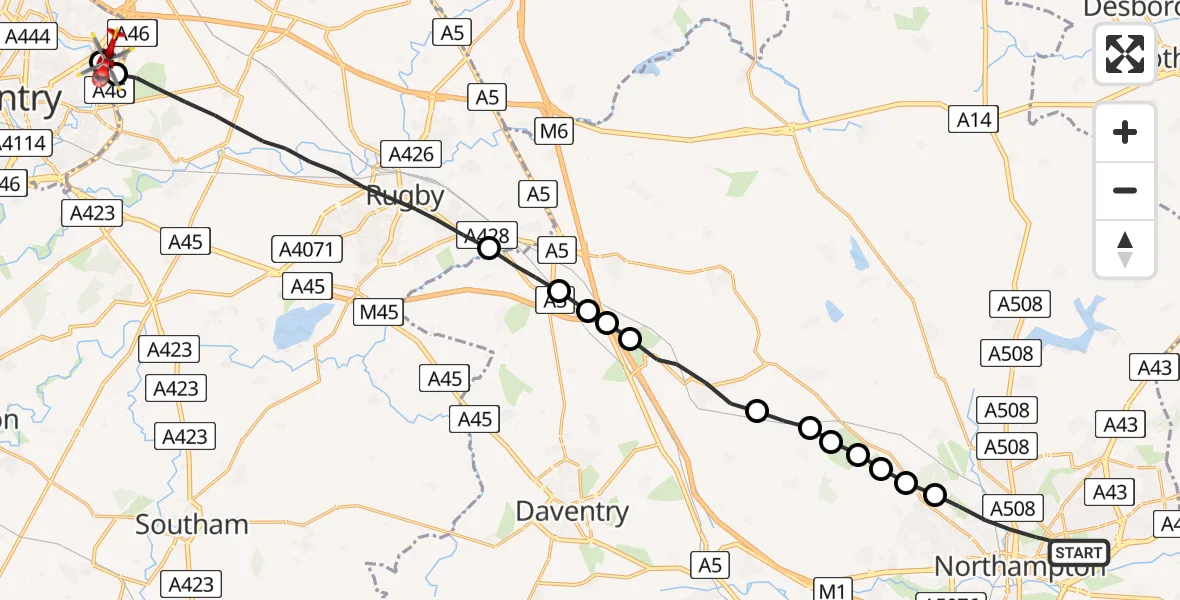 Flight route Air Ambulance Helicopter Northampton - University Hospital Coventry, 27 June 2026, 19:02