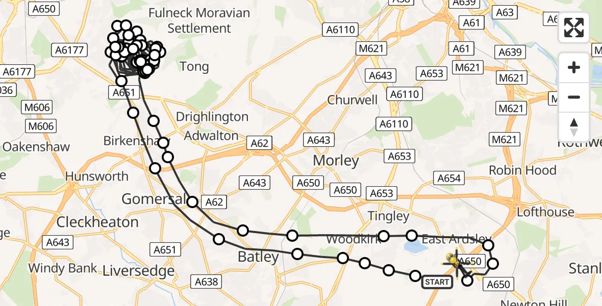 Flight route Police Helicopter East Ardsley - East Ardsley, 27 June 2026, 19:14