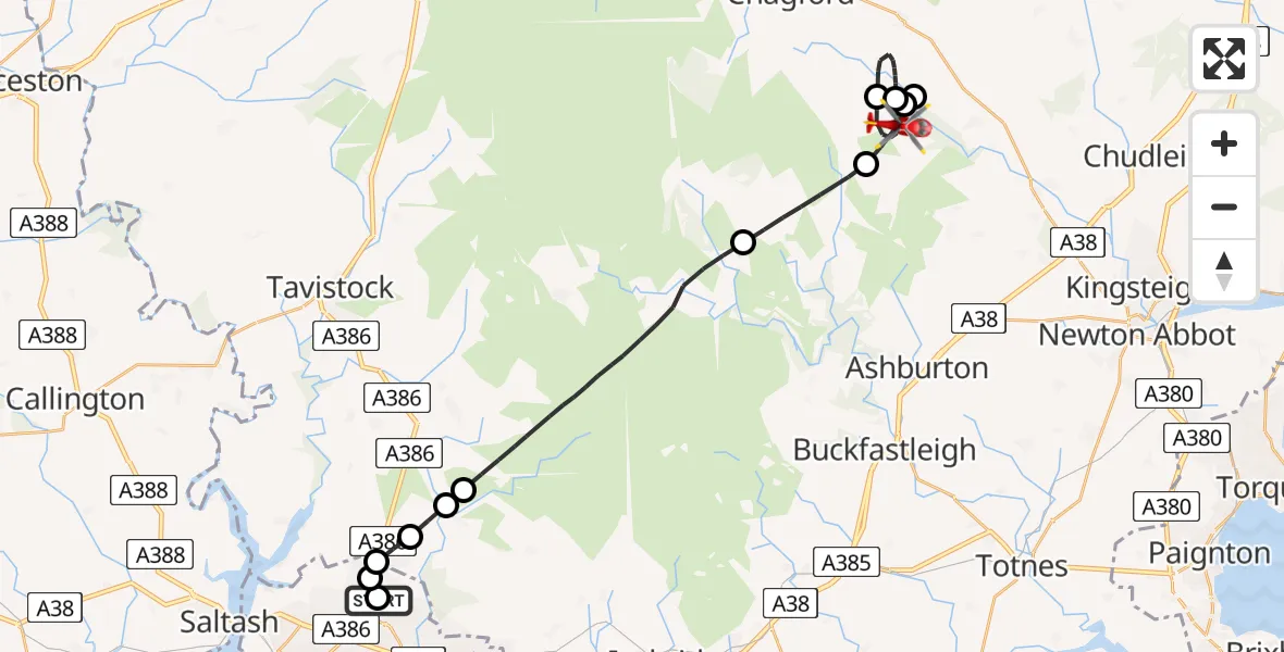 Flight route Air Ambulance Helicopter Derriford Hospital - Manaton, 27 June 2026, 19:28