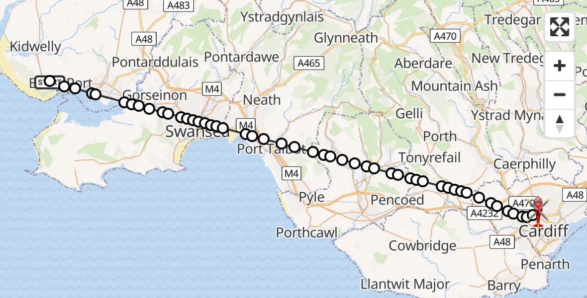 Flight route Air Ambulance Helicopter Pembrey - Birchgrove, 27 June 2026, 19:29