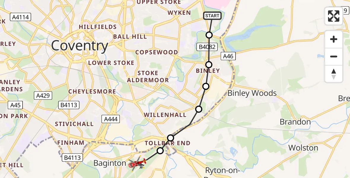 Flight route Air Ambulance Helicopter University Hospital Coventry - Coventry Airport, 27 June 2026, 19:41