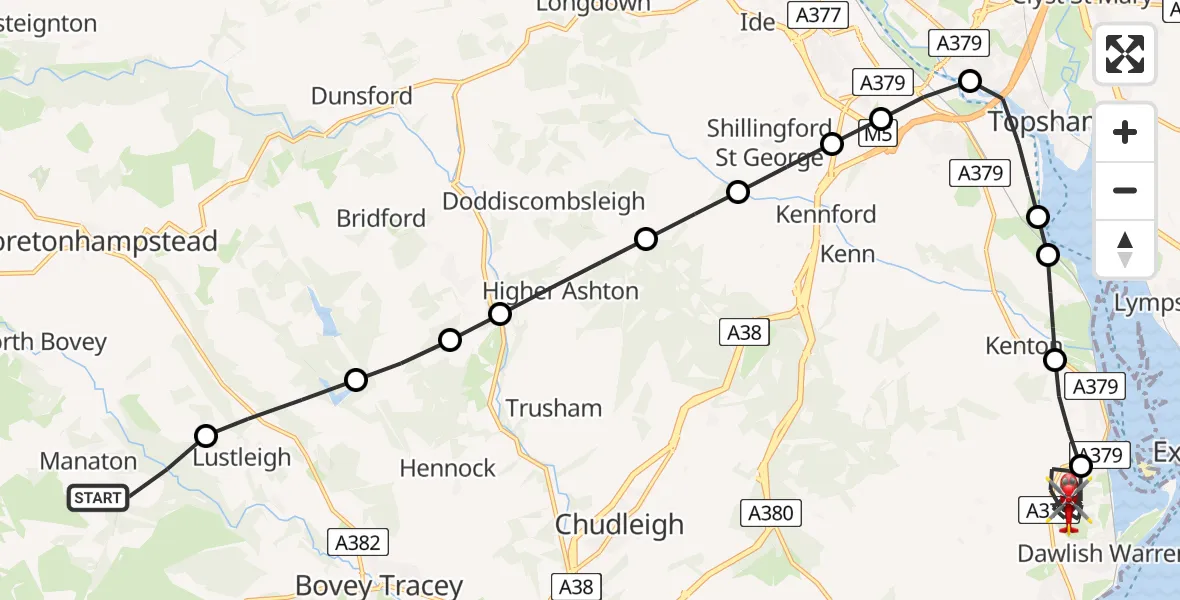 Flight route Air Ambulance Helicopter Manaton - Dawlish, 27 June 2026, 19:48