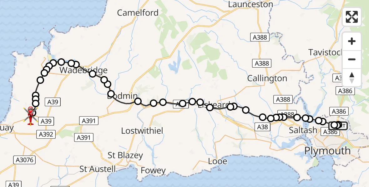 Flight route Air Ambulance Helicopter Derriford Hospital - Cornwall Airport Newquay, 27 June 2026, 19:55