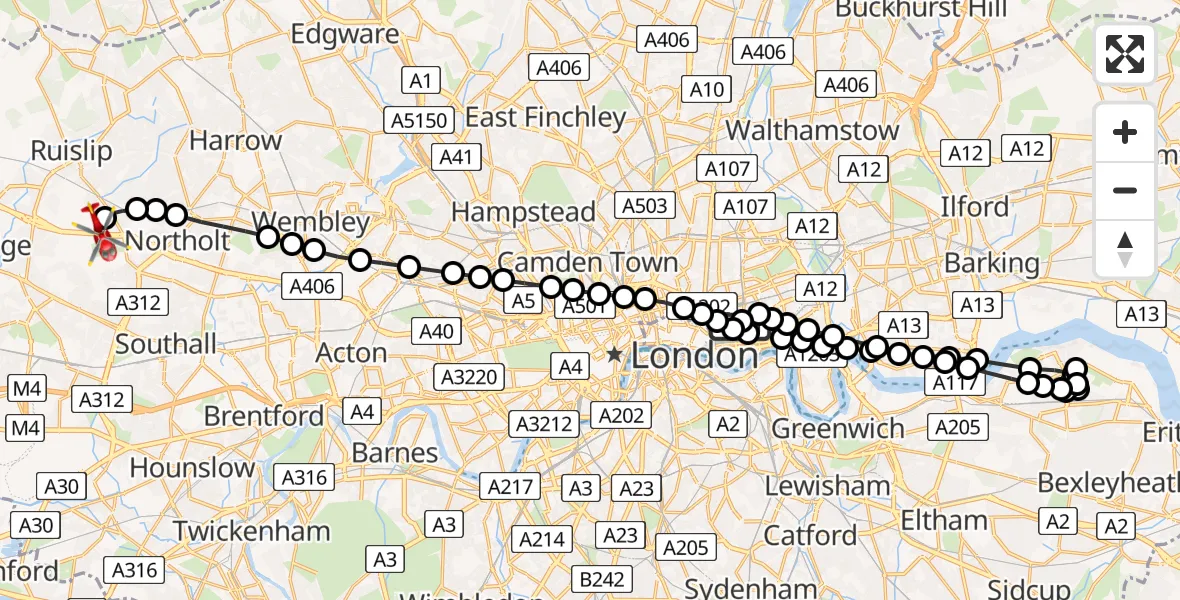 Flight route Air Ambulance Helicopter Royal London Hospital - RAF Northolt, 27 June 2026, 20:13