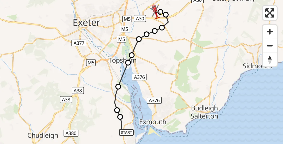 Flight route Air Ambulance Helicopter Dawlish - Exeter International Airport, 27 June 2026, 20:35