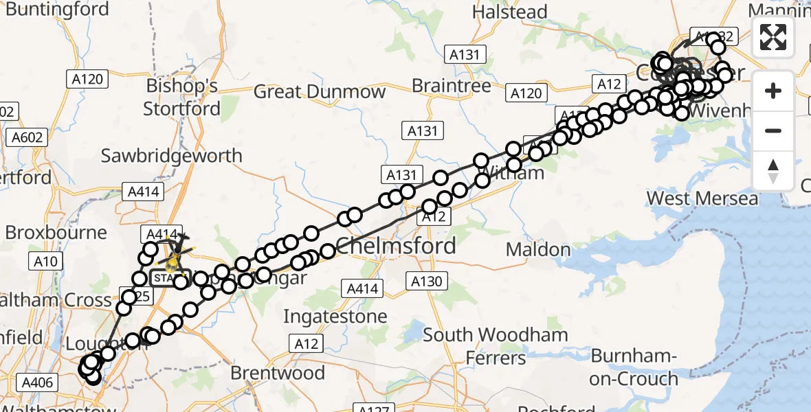 Flight route Police Helicopter Coopersale - North Weald Airfield, 27 June 2026, 20:41